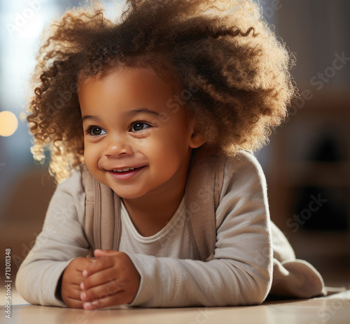 Smiling cute little african american girl with two pony tails looking at camera. Portrait of happy female child at home. Smiling face a of black 4 year old girl looking at camera with afro puff hair.