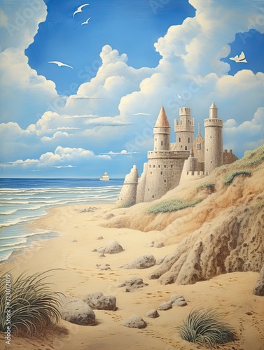 Vintage Painting of Beachy Sand Dune Craft and Seaside Scenes