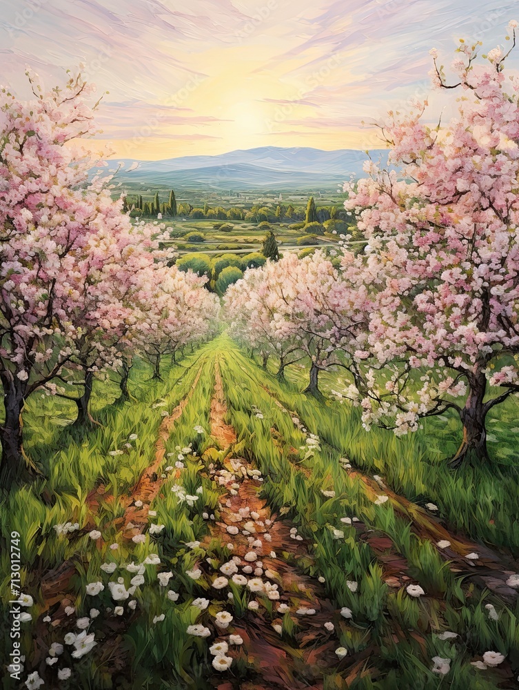 Blossoming Springtime Orchards: Field Painting Depicting Seasonal Scenes Blossoming Springtime Orchards: Field Painting Depicting Seasonal Scenes