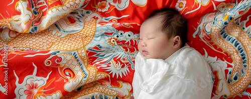 Sleeping Asian baby on bed. Chinese new year concept.