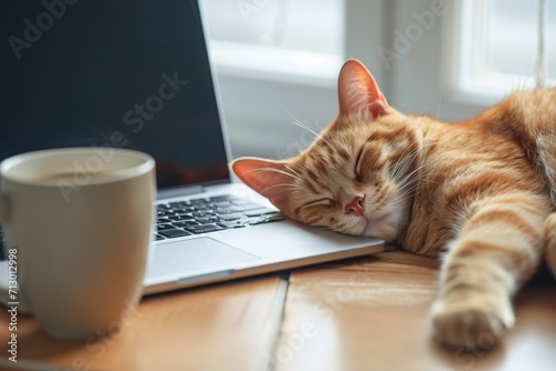 Cat sleeping at a desk with a laptop and a cup of coffee