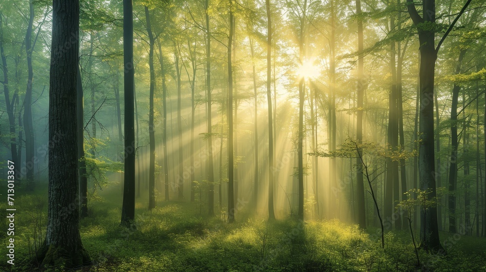 Obraz premium Beautiful nature at morning in the misty spring forest with sun