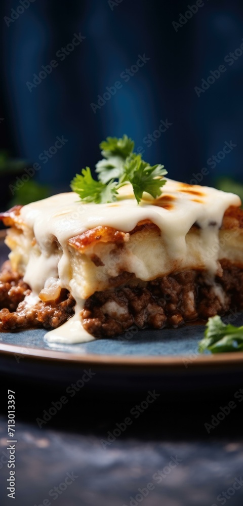 A mouthwatering Greek moussaka in a ceramic dish with layers of eggplant, minced meat, and , garnished with parsley. Generative AI. A mouthwatering Greek moussaka in a ceramic dish with layers of eggplant, minced meat, and , garnished with parsley. Generative AI.