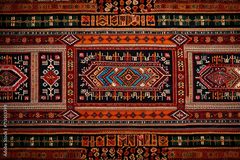 A display of hand-woven Chiprovtsi Carpets featuring ethnic motifs and rich, vivid colors created using weaving equipment. A display of hand-woven Chiprovtsi Carpets featuring ethnic motifs and rich, vivid colors created using weaving equipment.
