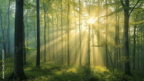 Beautiful nature at morning in the misty spring forest with sun