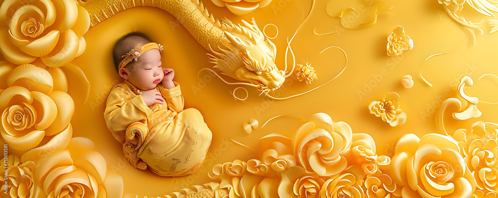 Sleeping Asian baby on golden bed background. Chinese new year concept.