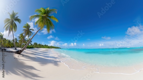 beach views with coconut trees, bright blue skies, stunning tropical beach views. Clear white sand beach on a summer day. © elli_