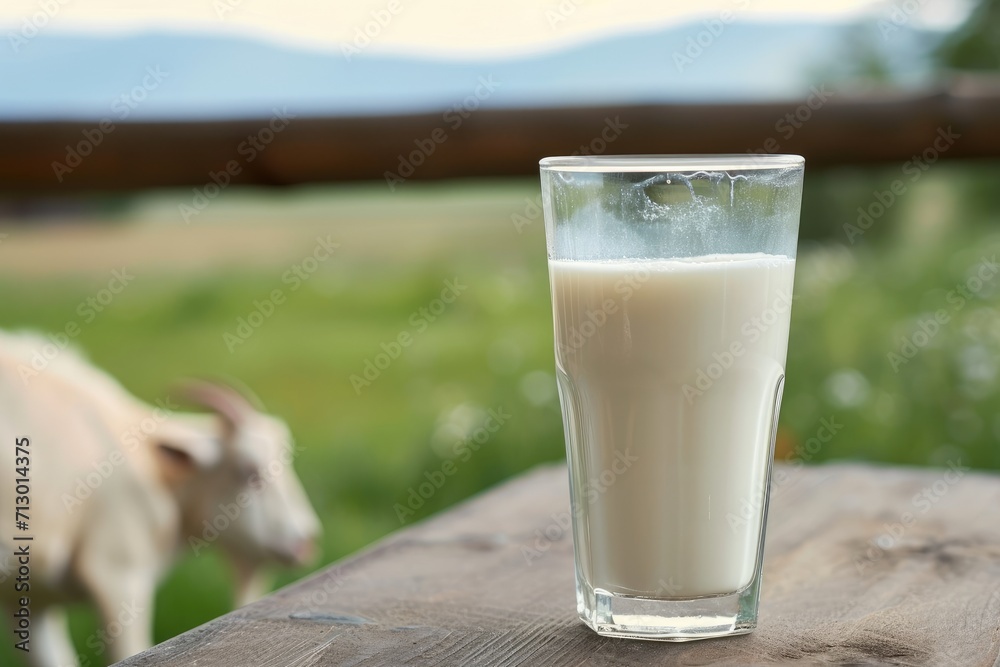 Glass of natural fresh milk on table with goat and green field farm landscape view. Glass of natural fresh milk on table with goat and green field farm landscape view.