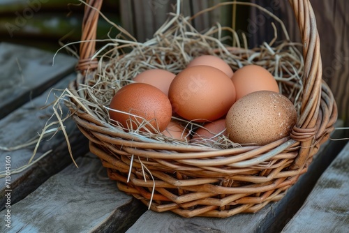 Chicken eggs in a basket.