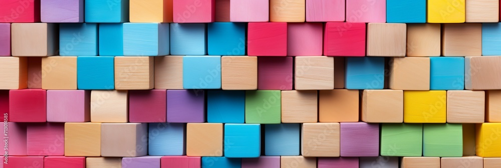 Vibrant arrangement of colorful wooden blocks on wide format background Vibrant arrangement of colorful wooden blocks on wide format background