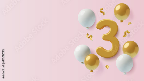 3D realistic number 3 with white and gold balloons on pink background. Three dimensional girl's birthday or third anniversary banner with copy space. Vector illustration.