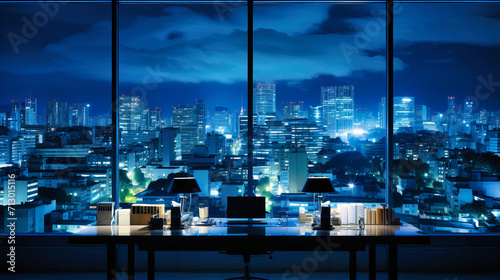 Nighttime City View from Modern Interior with Illuminated Skyscrapers