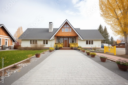 paved driveway leading to a farmhouse gable entry photo