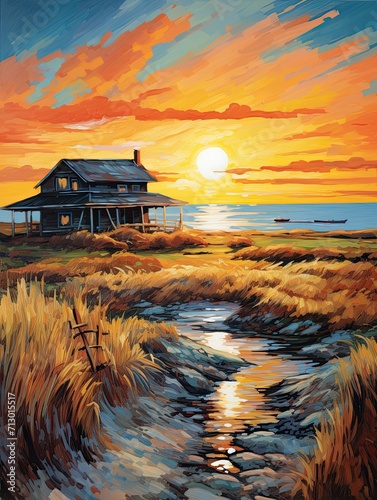 Vintage Brush-Stroke Seaview Sunsets: Farmhouse Memories by the Shore photo