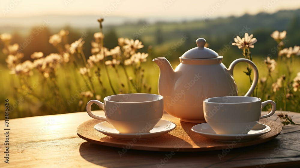 A modern tea set arranged on a sleek table