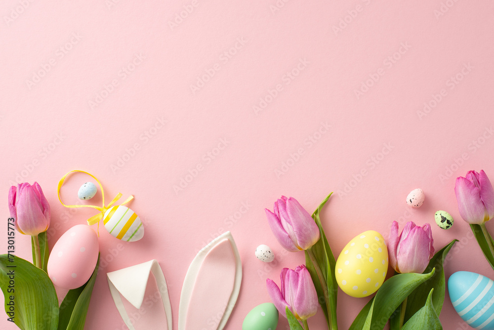Easter-themed composition showcasing lively eggs, an endearing bunny ears, and tulips. Top view on a pastel pink background, ready for your text or promotional content