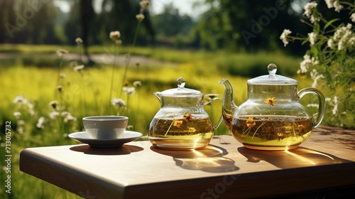 A modern tea set arranged on a sleek table