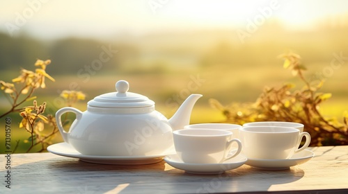 A modern tea set arranged on a sleek table