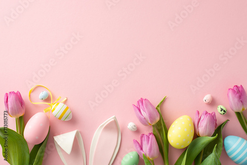 Easter-themed composition showcasing lively eggs, an endearing bunny ears, and tulips. Top view on a pastel pink background, ready for your text or promotional content