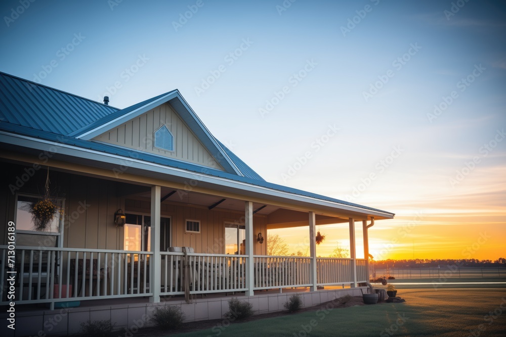 sunset behind farmhouse, silhouetted metal roof edges