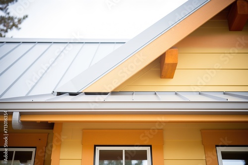 closeup of metal roof texture on a modern farmhouse structure © altitudevisual