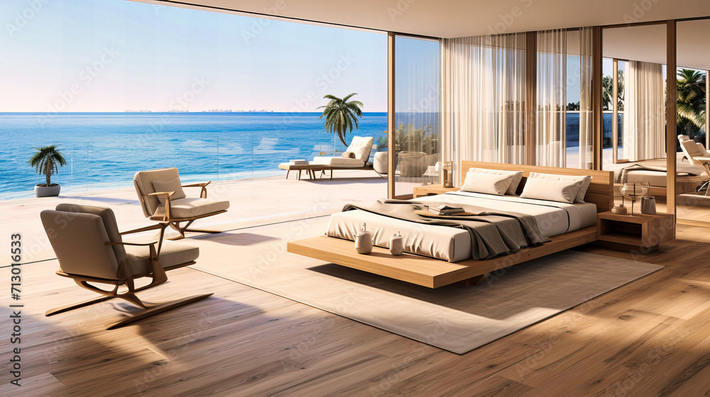 Fototapeta premium Luxury Seaside Villa Interior with Modern Design, Ocean View, and Relaxation