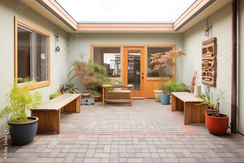 courtyard with mismatched paving and asymmetric planters photo