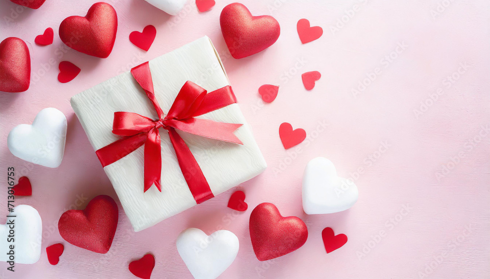 Valentine day or Mother day background decorated with pink red hearts and roses flowers on pastel table top view. Flat lay greeting card.. Valentine day or Mother day background decorated with pink red hearts and roses flowers on pastel table top view. Flat lay greeting card..