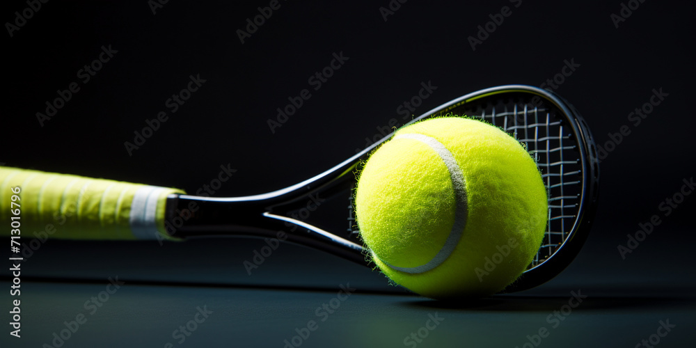 Tennis racket and ball on dark background, Tennis gear prepped for play.