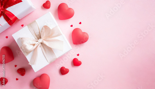 Valentine day or Mother day background decorated with pink red hearts and roses flowers on pastel table top view. Flat lay greeting card..