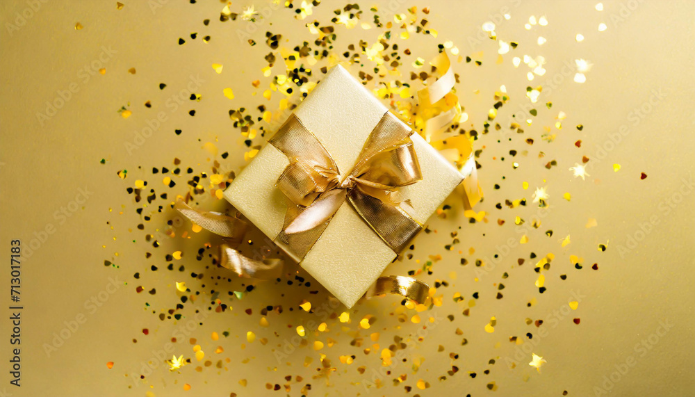 Womans hands holding gift or present box decorated confetti on pink pastel table top view. Flat lay composition for birthday or wedding. Womans hands holding gift or present box decorated confetti on pink pastel table top view. Flat lay composition for birthday or wedding.