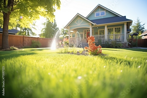 sprinkler watering a lush green lawn in a front yard photo