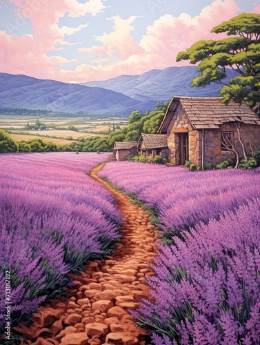 Provence Lavender Art: Vintage Landscape of Lavender Bloom Grandeur.