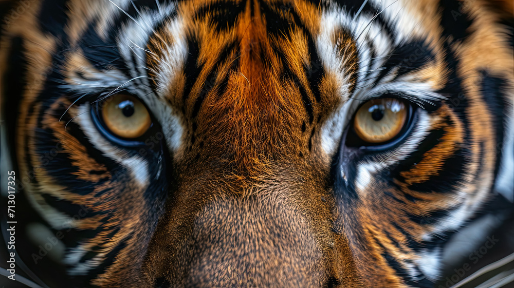 A macro portrait of an tiger that captures amazing eye detail. The entire head is visible. The close, precise, deep gaze of a predator