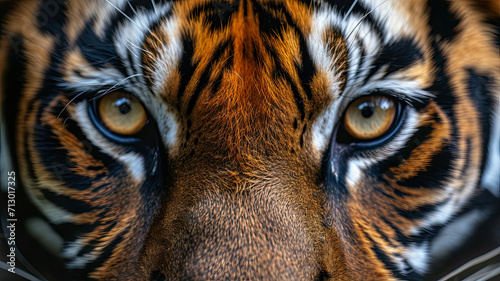 A macro portrait of an tiger that captures amazing eye detail. The entire head is visible. The close  precise  deep gaze of a predator