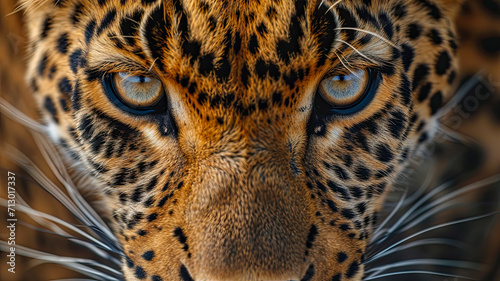 A macro portrait of an leopard that captures amazing eye detail. The entire head is visible. The close, precise, deep gaze of a predator