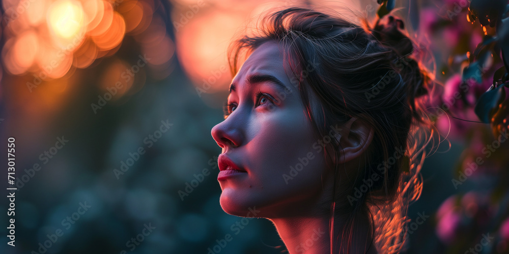 Dreamy young woman looking upwards, a fusion of twilight hues and delicate flora envelop her in a poetic ambiance - obrazy, fototapety, plakaty 