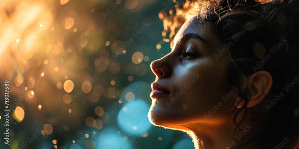 Serene young woman with light casting shadows on her face, amidst a bokeh of sunlit water droplets Serene young woman with light casting shadows on her face, amidst a bokeh of sunlit water droplets