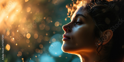 Serene young woman with light casting shadows on her face, amidst a bokeh of sunlit water droplets