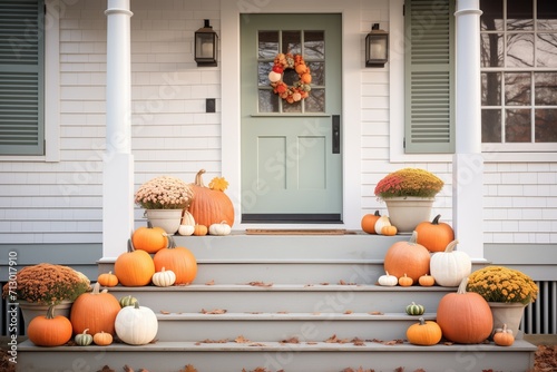 a saltbox home during fall with pumpkins on the steps