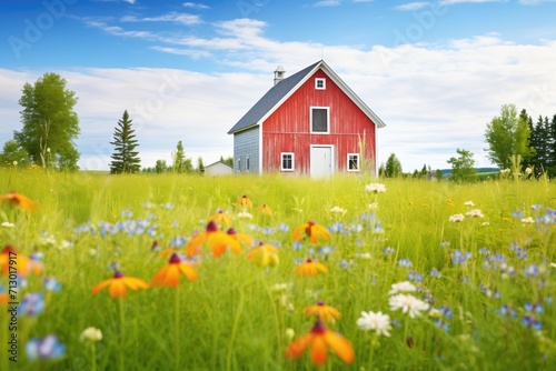 a saltbox surrounded by a colorful wildflower meadow