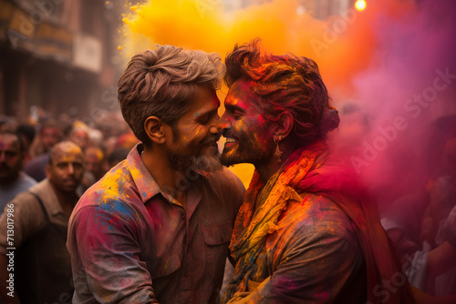 Young Men Embrace Love: Homosexual Couple Celebrates at Vibrant Colorful Party. ai generated