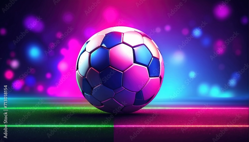 Fototapeta premium Sports banner with soccer ball on neon background