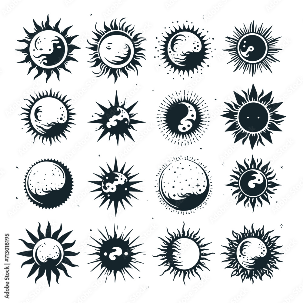 sun, vector, flower, icon, summer, design, set, illustration, symbol, art, pattern, collection, nature, sign, element, star, yellow, decoration, weather, floral, sunlight, sunbeam, circle, ornament