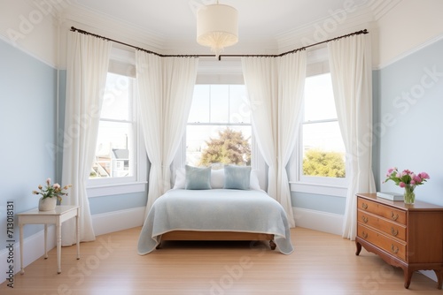 victorian bedroom, white curtains on bay window