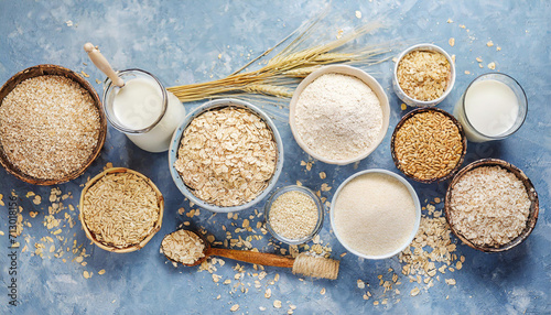 Oat milk, flour, dry flakes and whole grains top view. Set from organic oat products for vegetarian and healthy food.