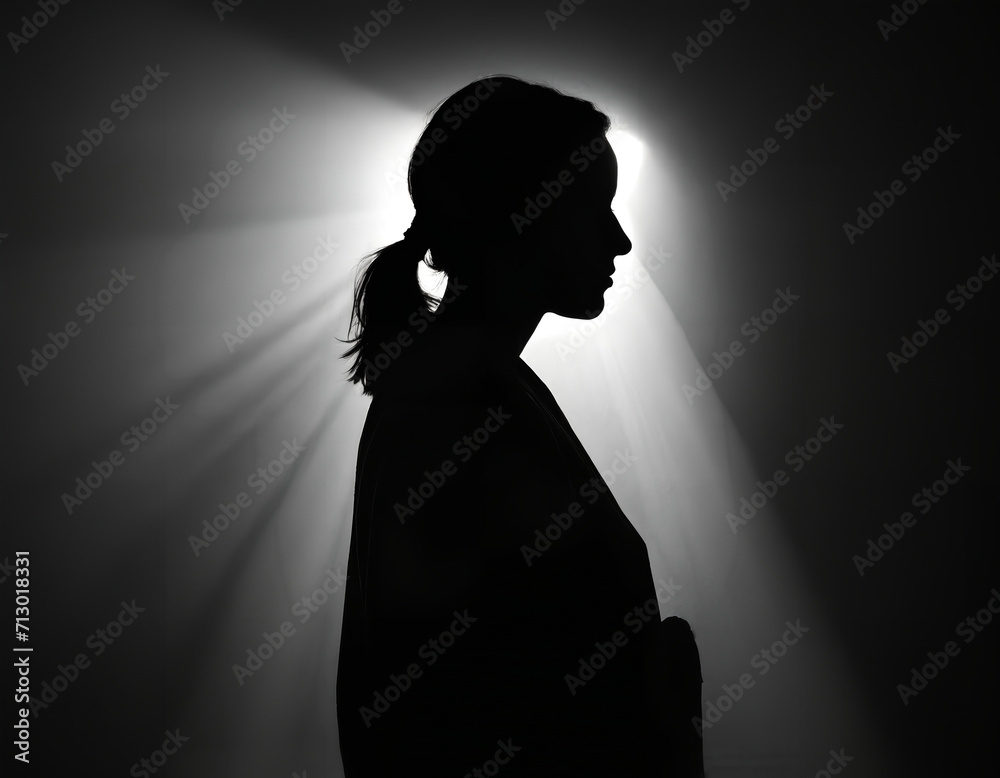 Silhouette of a person. The person has long hair tied in a ponytail and is in front of a bright light source. Side profile. Concepts of mystery, identity and introspection.