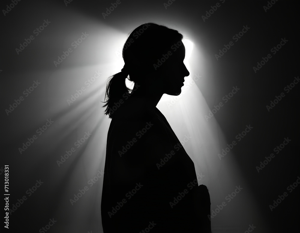 Silhouette of a person. The person has long hair tied in a ponytail and is in front of a bright light source. Side profile. Concepts of mystery, identity and introspection. Silhouette of a person. The person has long hair tied in a ponytail and is in front of a bright light source. Side profile. Concepts of mystery, identity and introspection.
