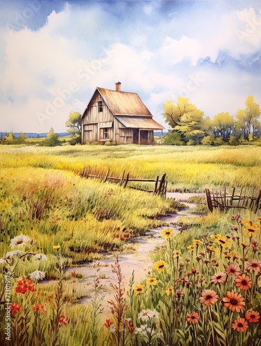 Countryside Serenity: Watercolor Landscapes Depicting Serene Fields and Cozy Cottage Scenes on Canvas