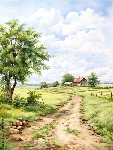 Countryside Watercolor Farm Scenes: Vintage Landscape Art Print